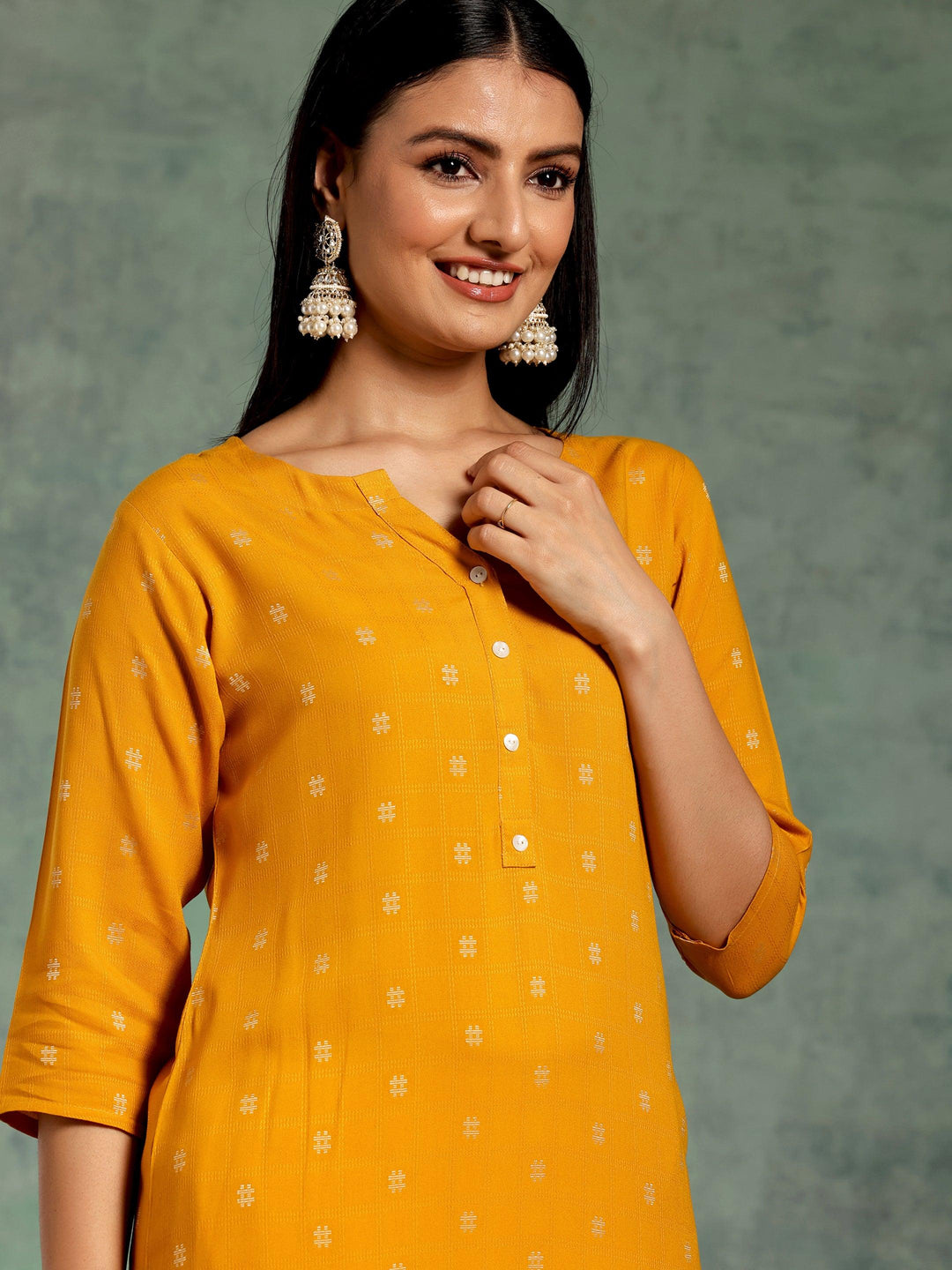 Mustard Woven Design Rayon Straight Kurta - Libas 