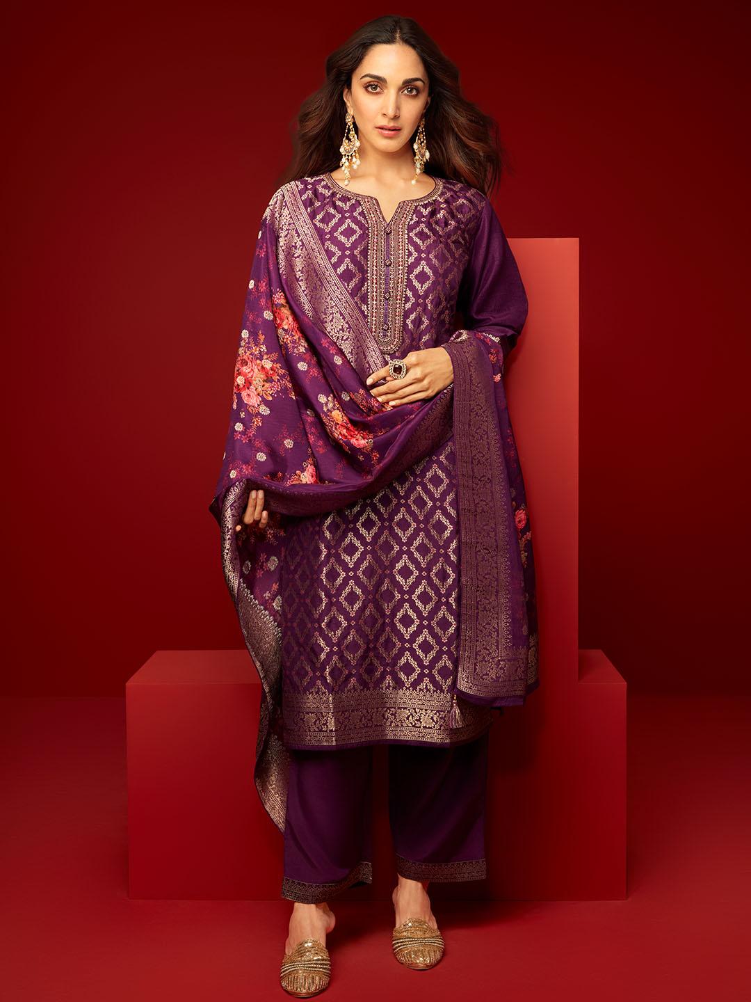 Purple Woven Design Silk Blend Straight Suit With Dupatta - Libas