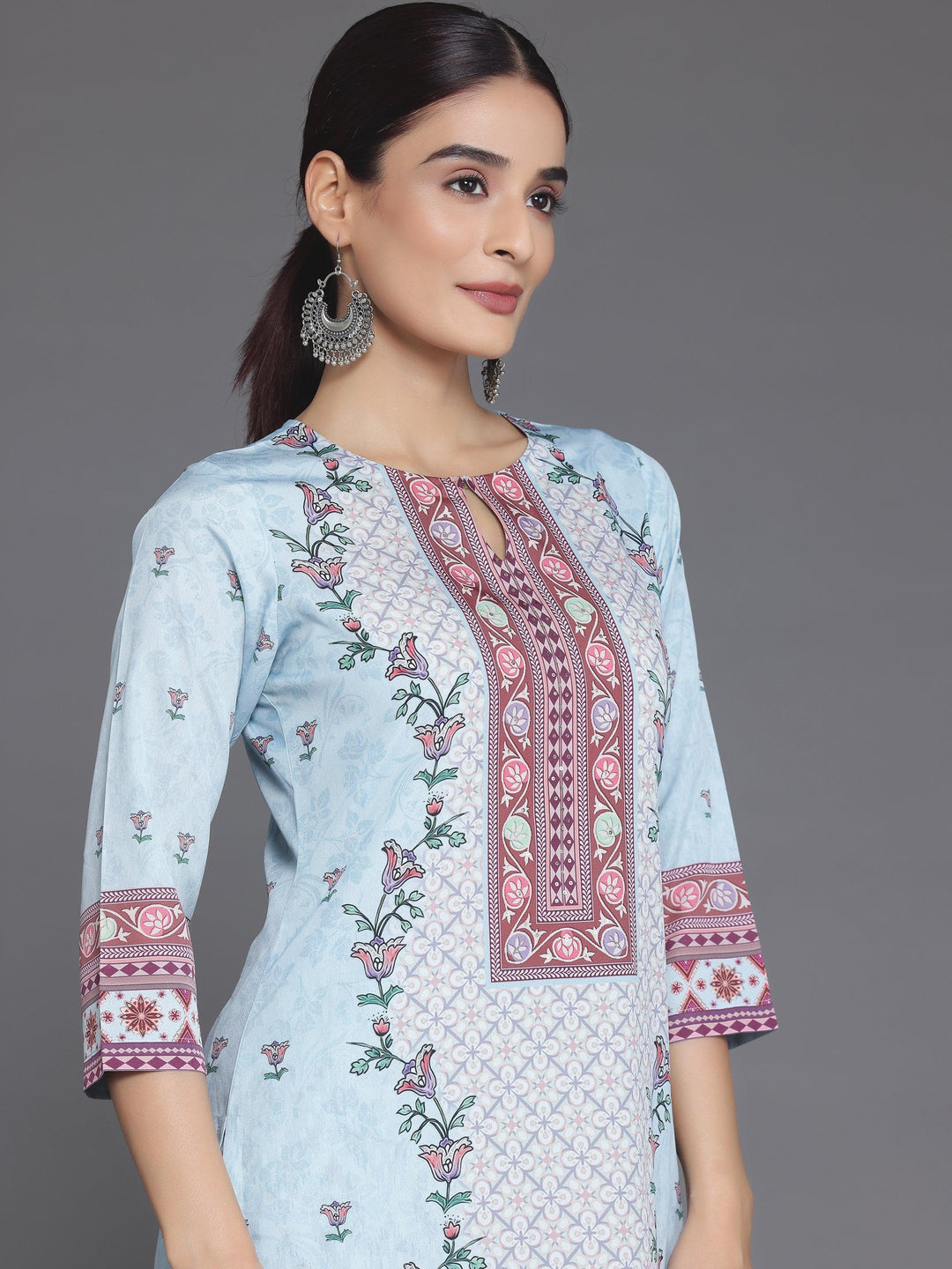 Blue Printed Poly Crepe Straight Suit With Dupatta - Libas 