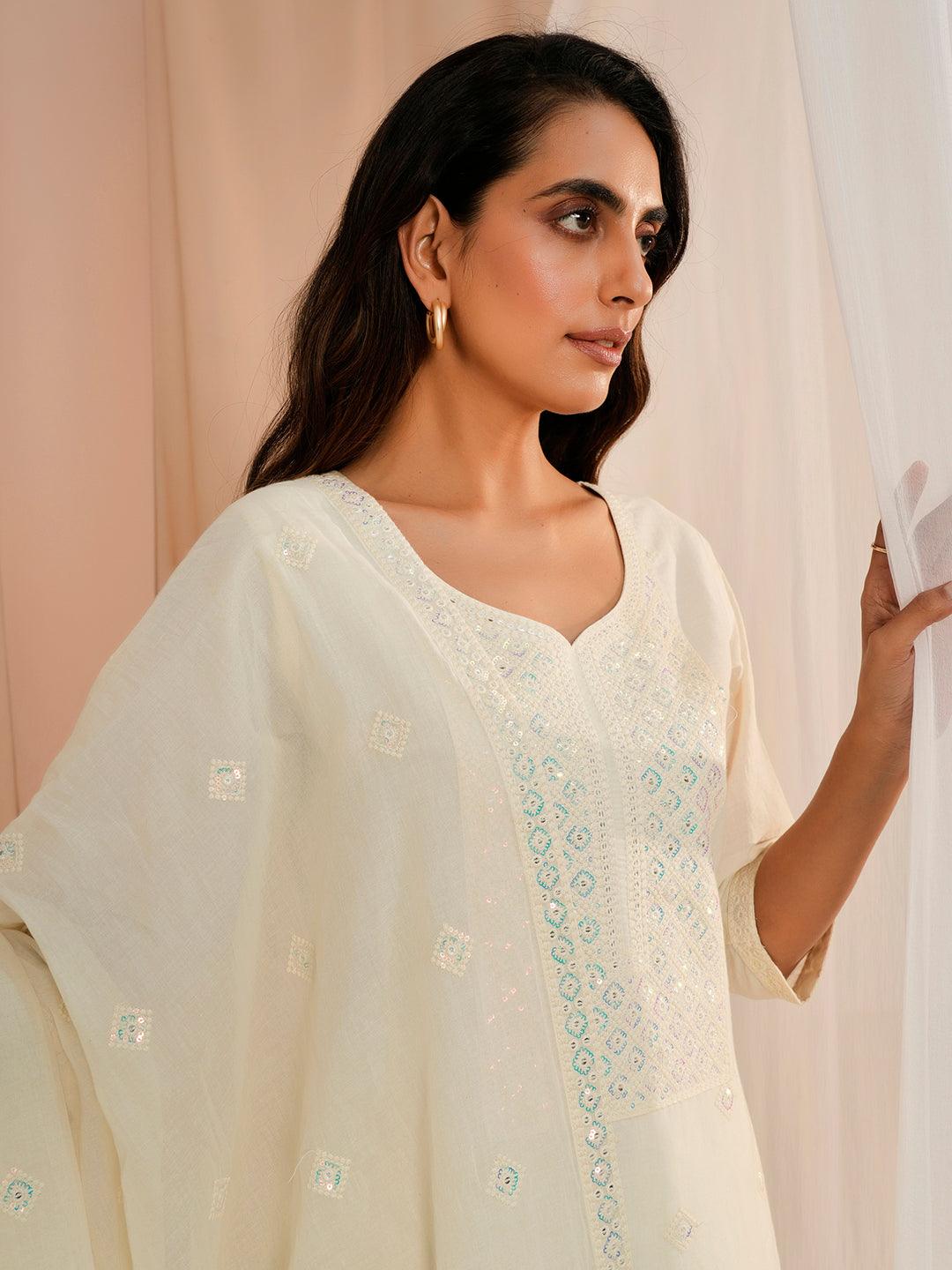 Off White Embroidered Cotton Straight Suit With Dupatta - Libas 