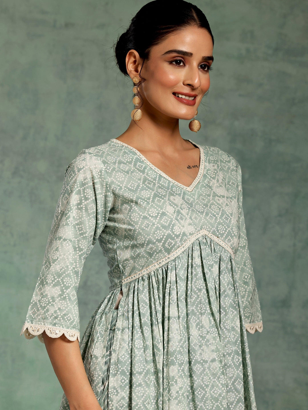 Green Printed Cotton A-Line Kurta With Palazzos & Dupatta - Libas 