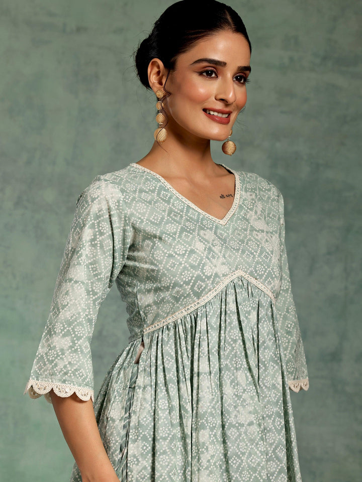 Green Printed Cotton A-Line Kurta With Palazzos & Dupatta - Libas