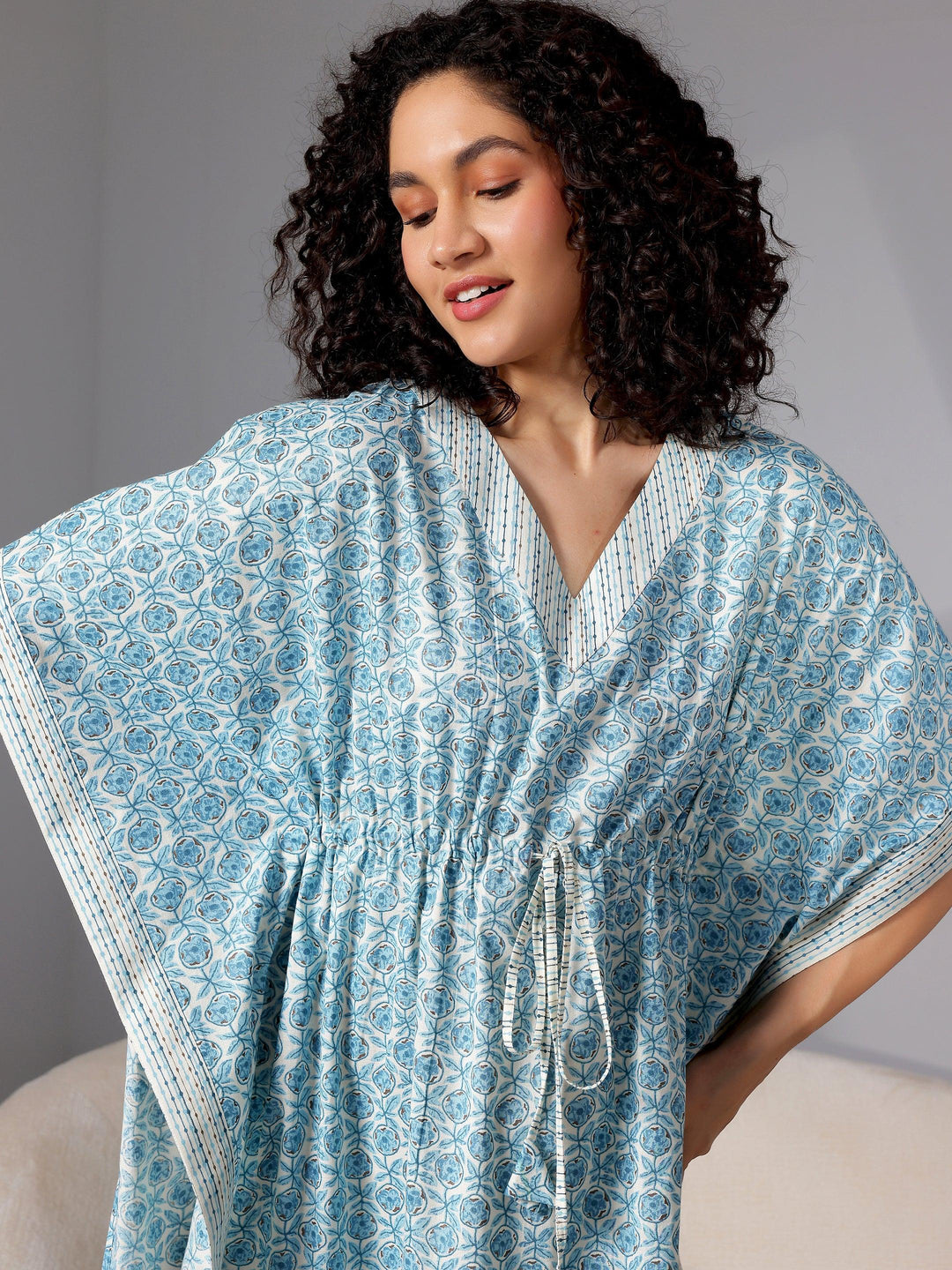 Blue Printed Cotton Kaftan Night Dress - Libas