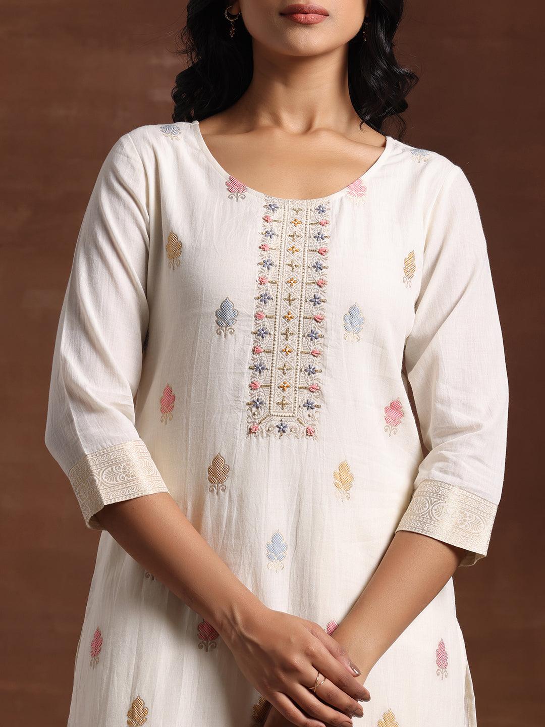 Off White Woven Design Cotton Straight Suit With Dupatta - Libas 