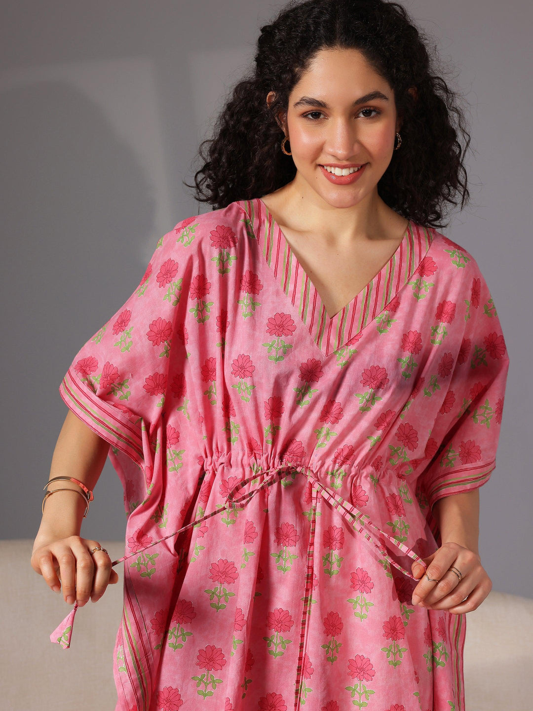 Pink Printed Cotton Kaftan Night Dress - Libas 