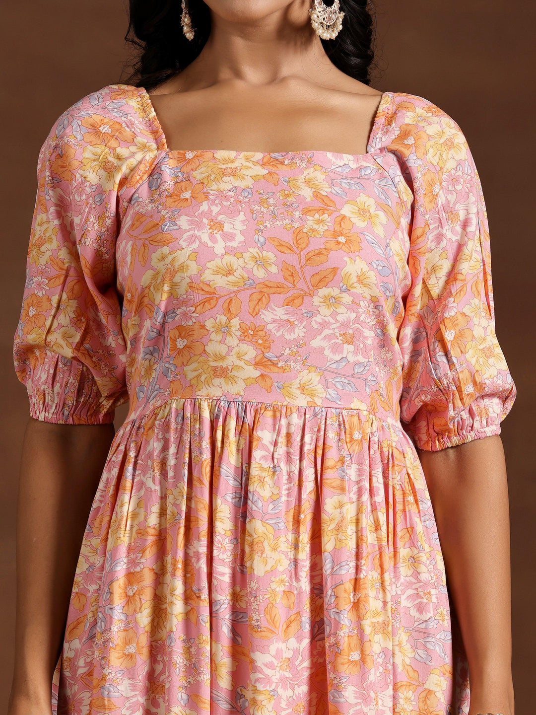 Peach Printed Rayon Fit and Flare Dress - Libas