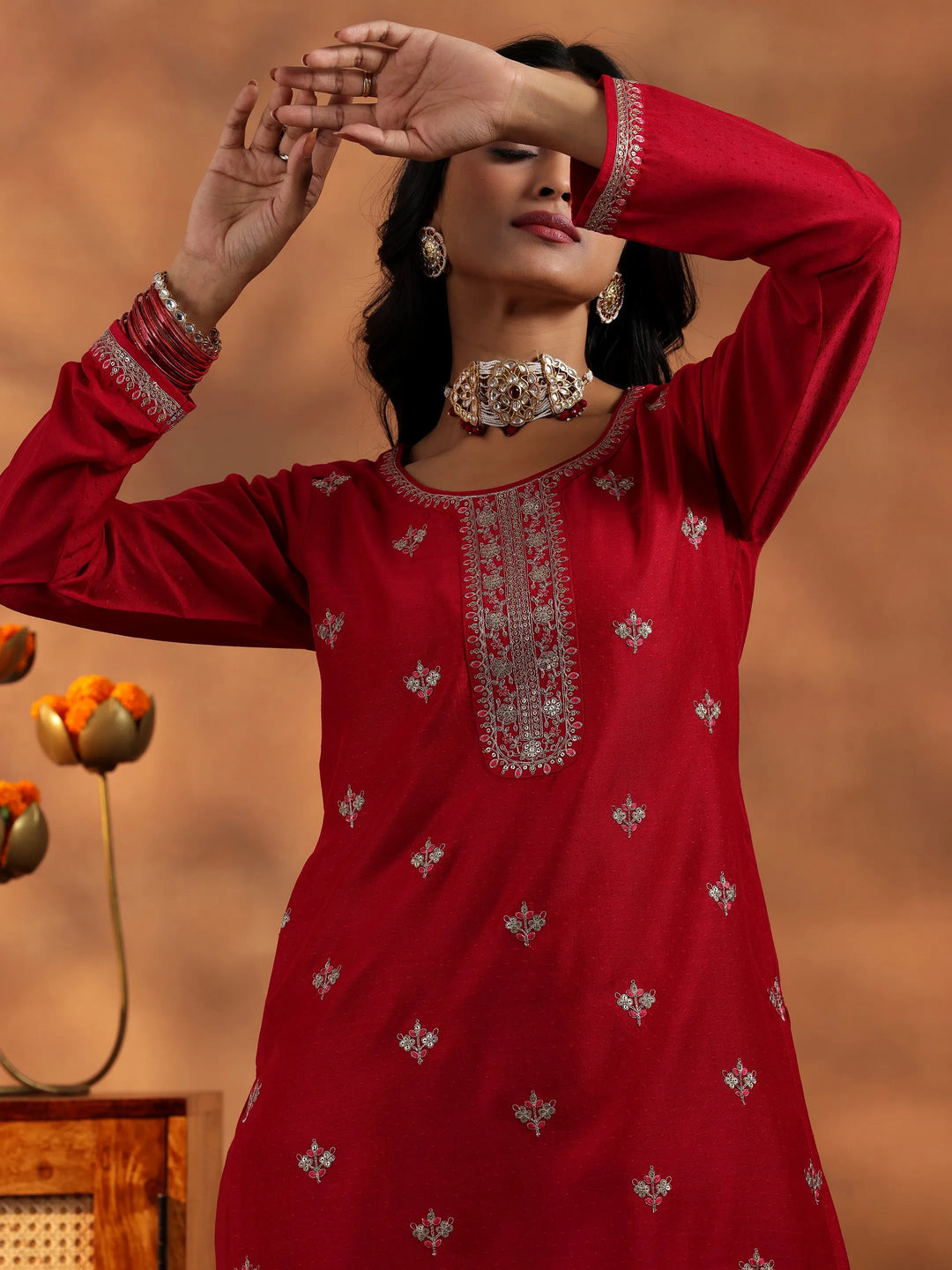  Red Embroidered Silk Blend Straight Suit With Dupatta 