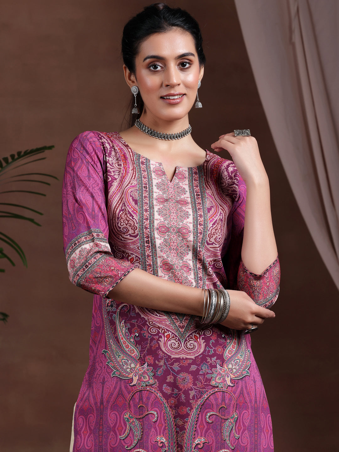  Mauve Printed Crepe Straight Kurta 