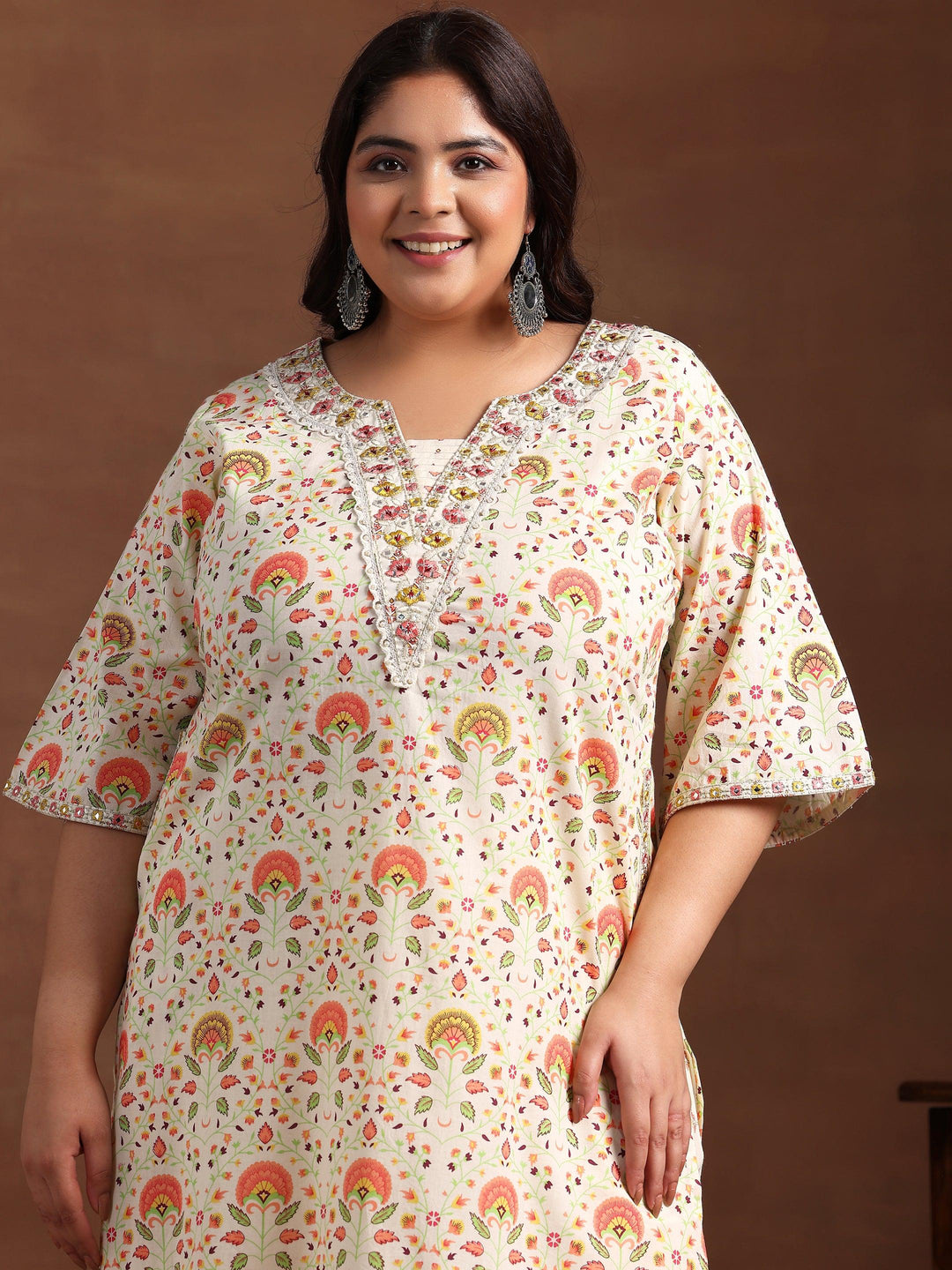 Plus Size Off White Printed Cotton Straight Kurta With Salwar - Libas