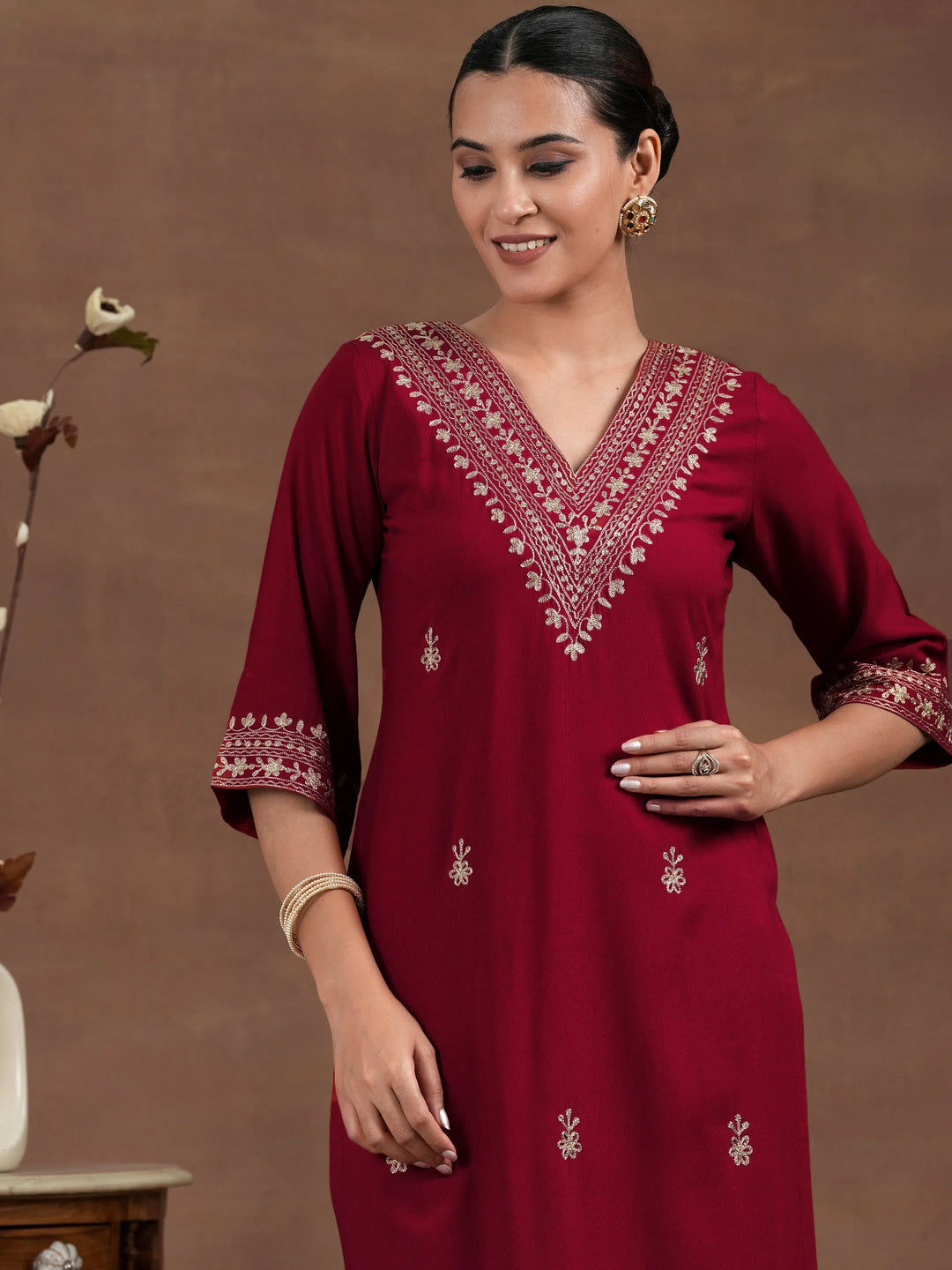  Red Embroidered Rayon Straight Kurta Set 