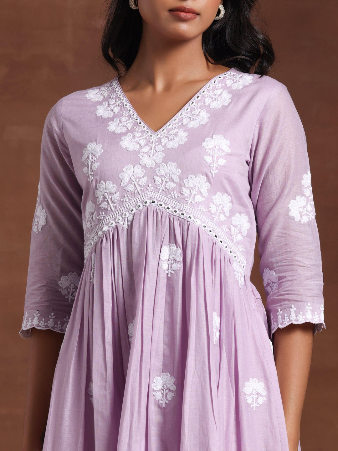 Lavender Embroidered Cotton A-Line Kurta - Libas