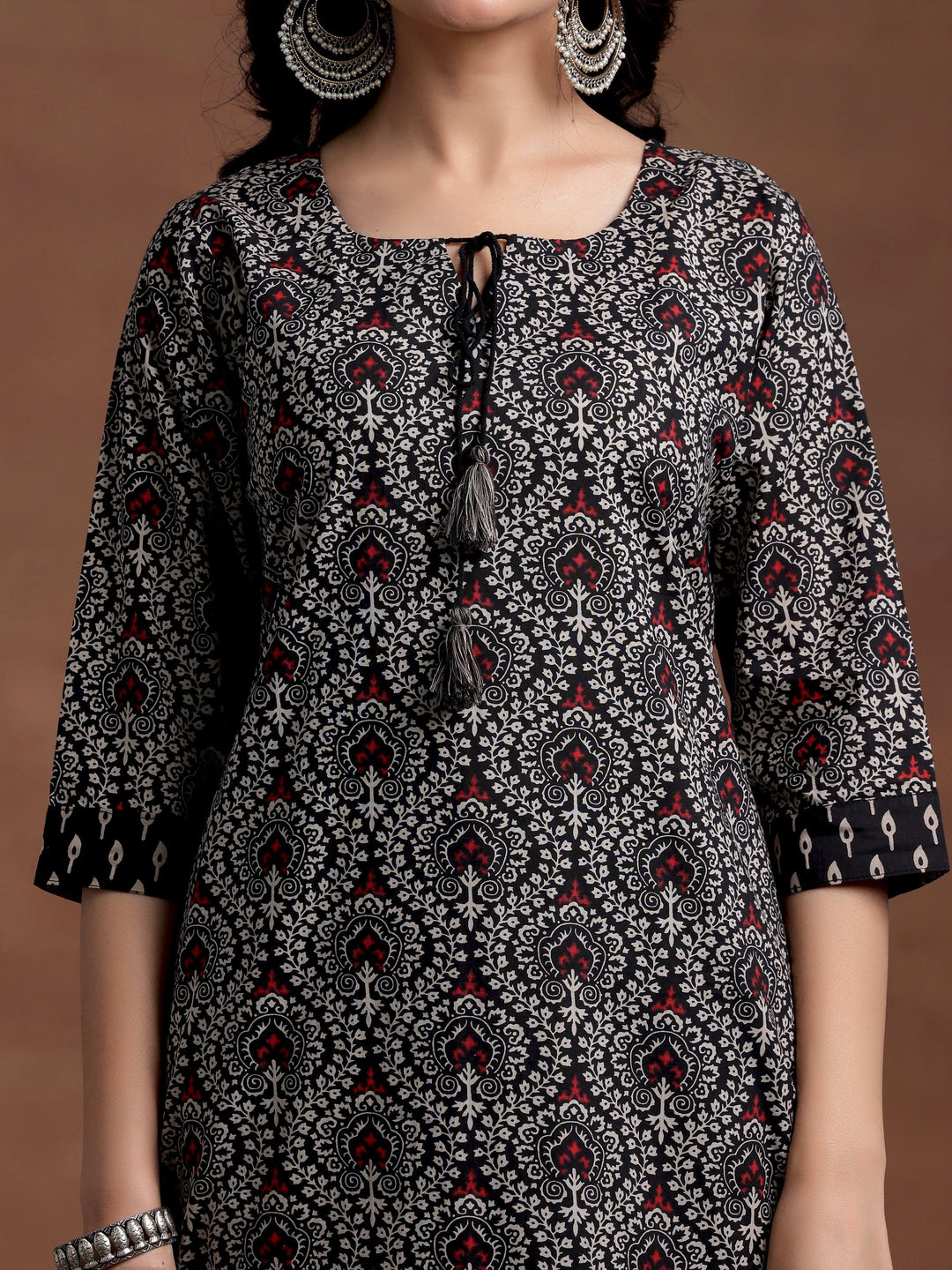 Black Printed Cotton Straight Kurta Set - Libas 