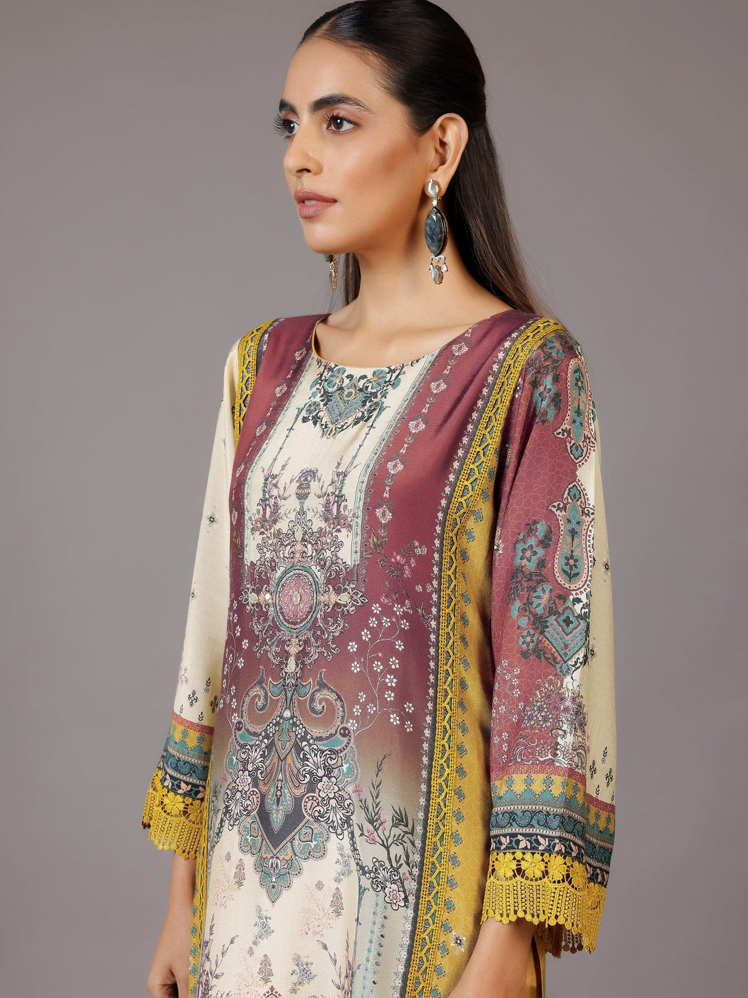 Mustard Printed Silk Blend Straight Suit With Dupatta - Libas 