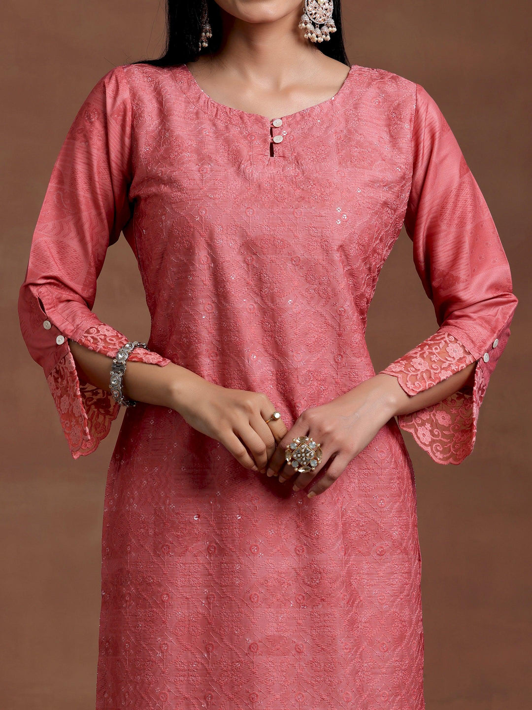 Peach Embroidered Silk Blend Straight Suit With Dupatta - Libas