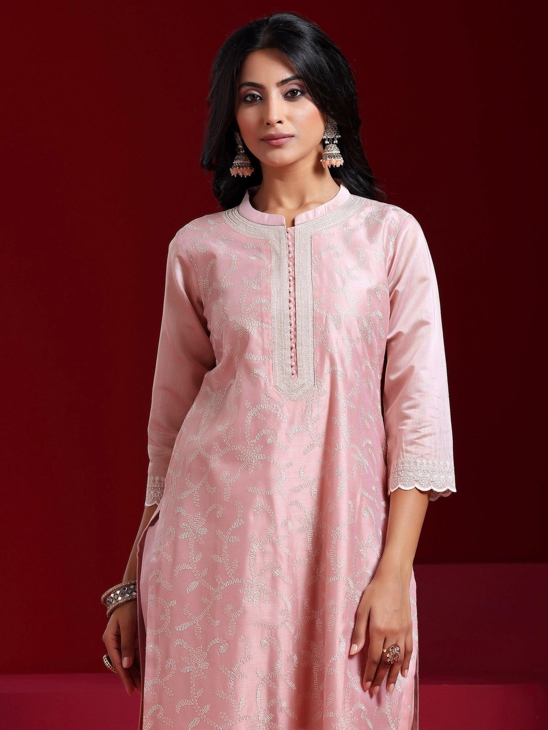 Libas Art Pink Embroidered Chanderi Silk Straight Suit With Dupatta - Libas 