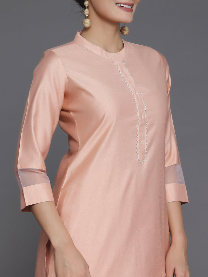 Peach Solid Silk Blend Straight Suit With Dupatta - Libas