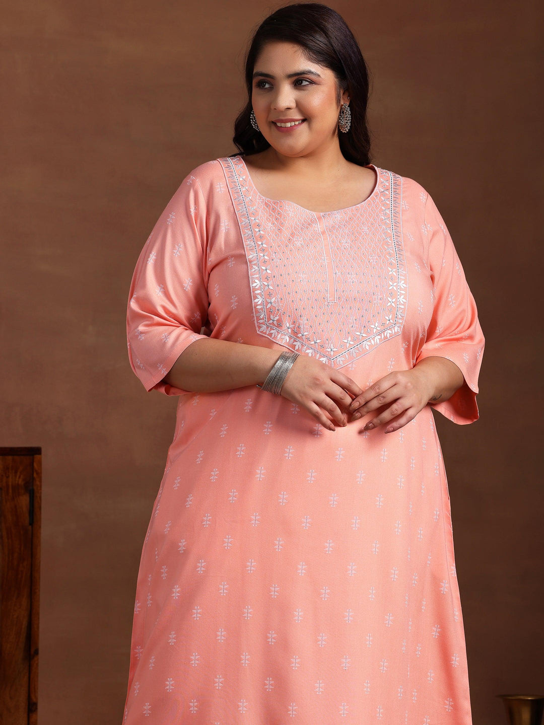 Plus Size Peach Woven Design Rayon Straight Kurta - Libas 