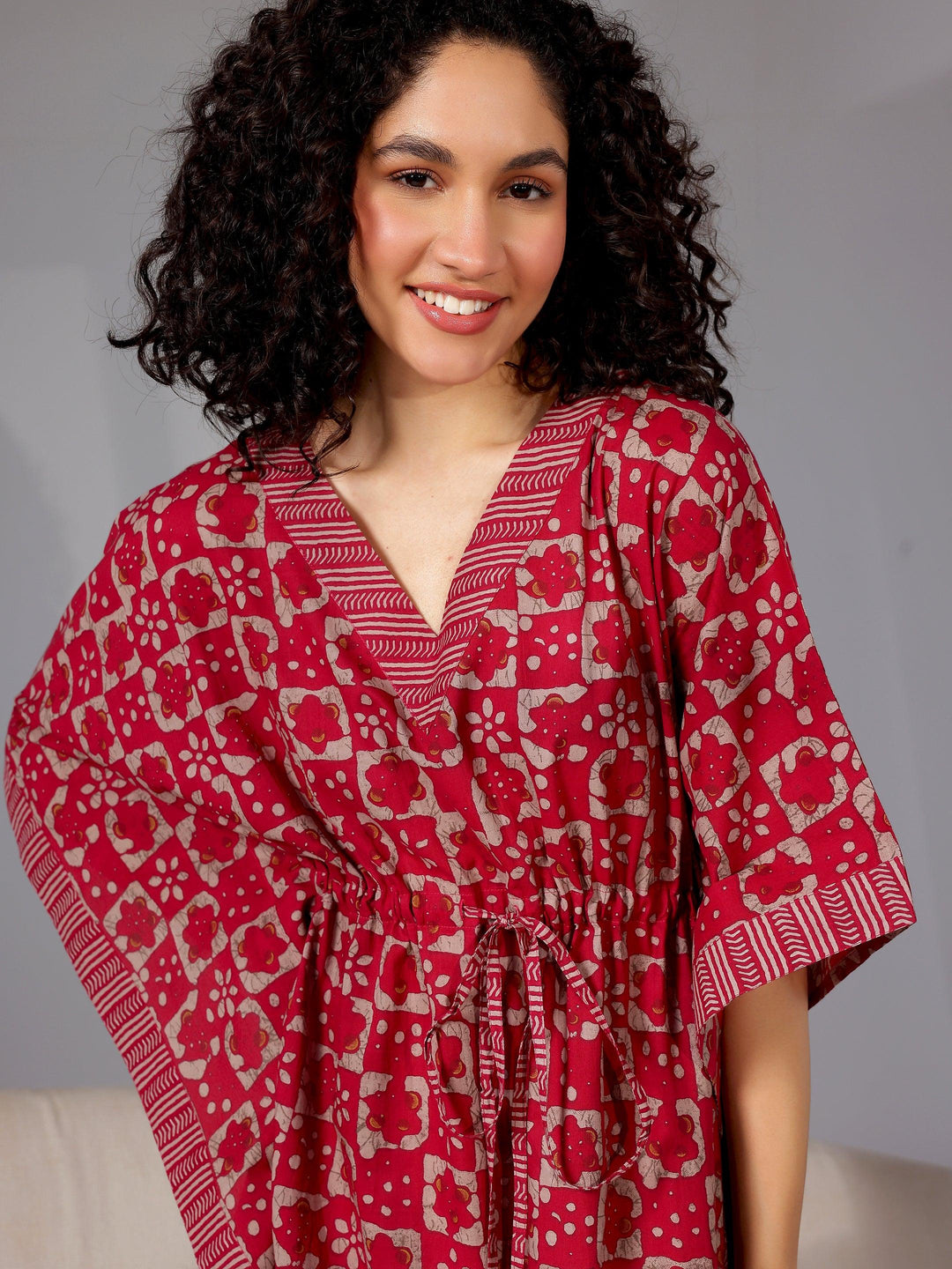 Magenta Printed Cotton Kaftan Night Dress - Libas