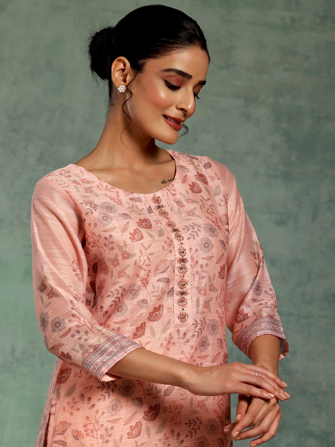 Peach Printed Chanderi Silk Straight Suit With Dupatta - Libas