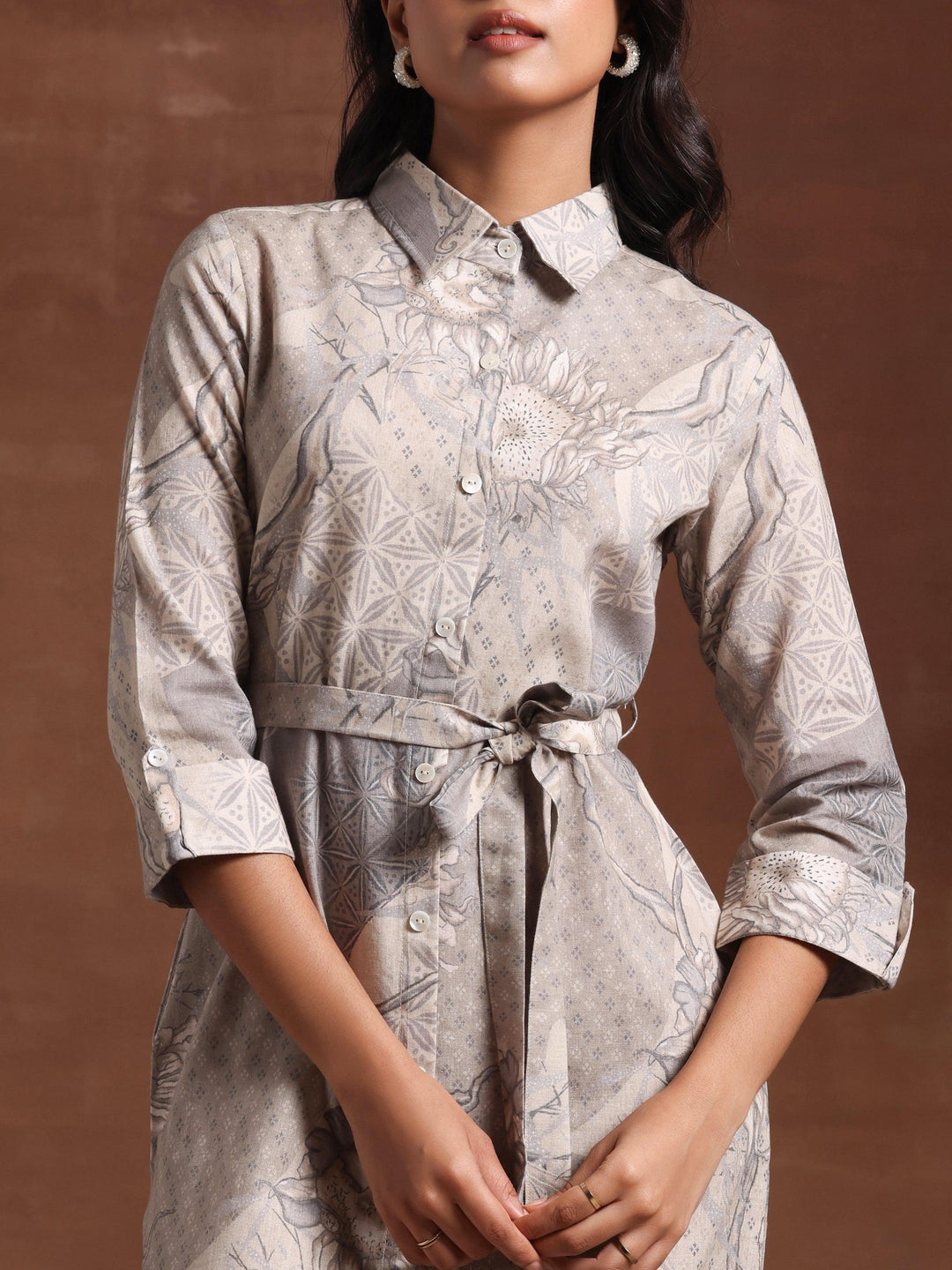 Off White Printed Linen Shirt Dress - Libas 