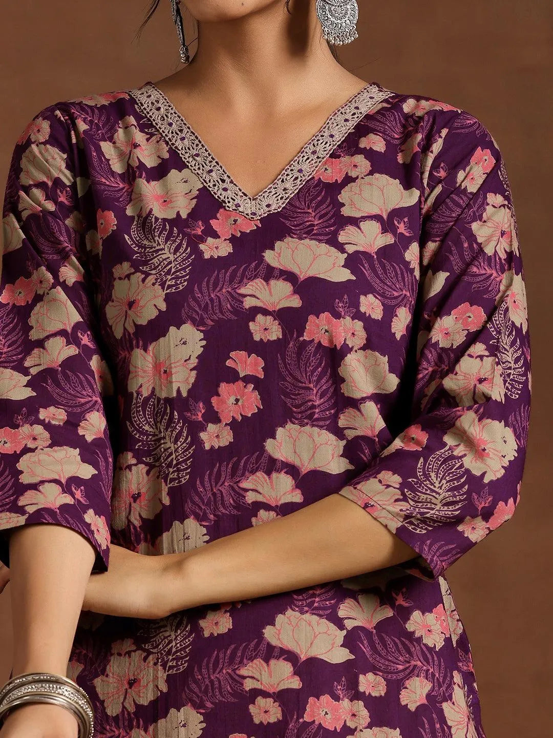 Wine Printed Cotton Straight Suit With Dupatta - Libas 