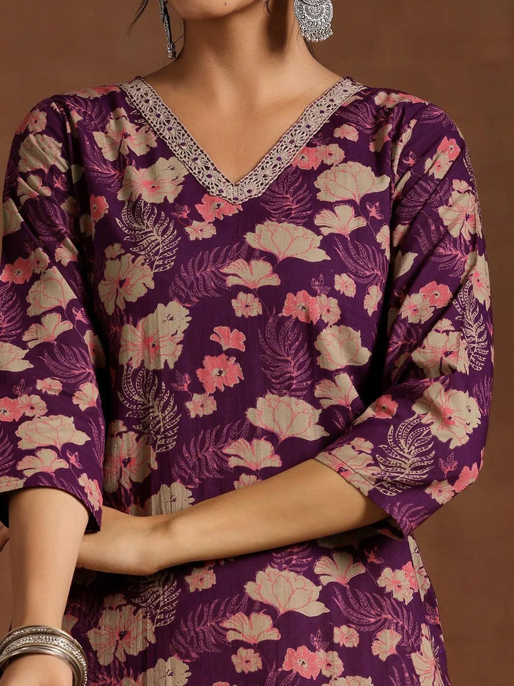 Wine Printed Cotton Straight Suit With Dupatta - Libas