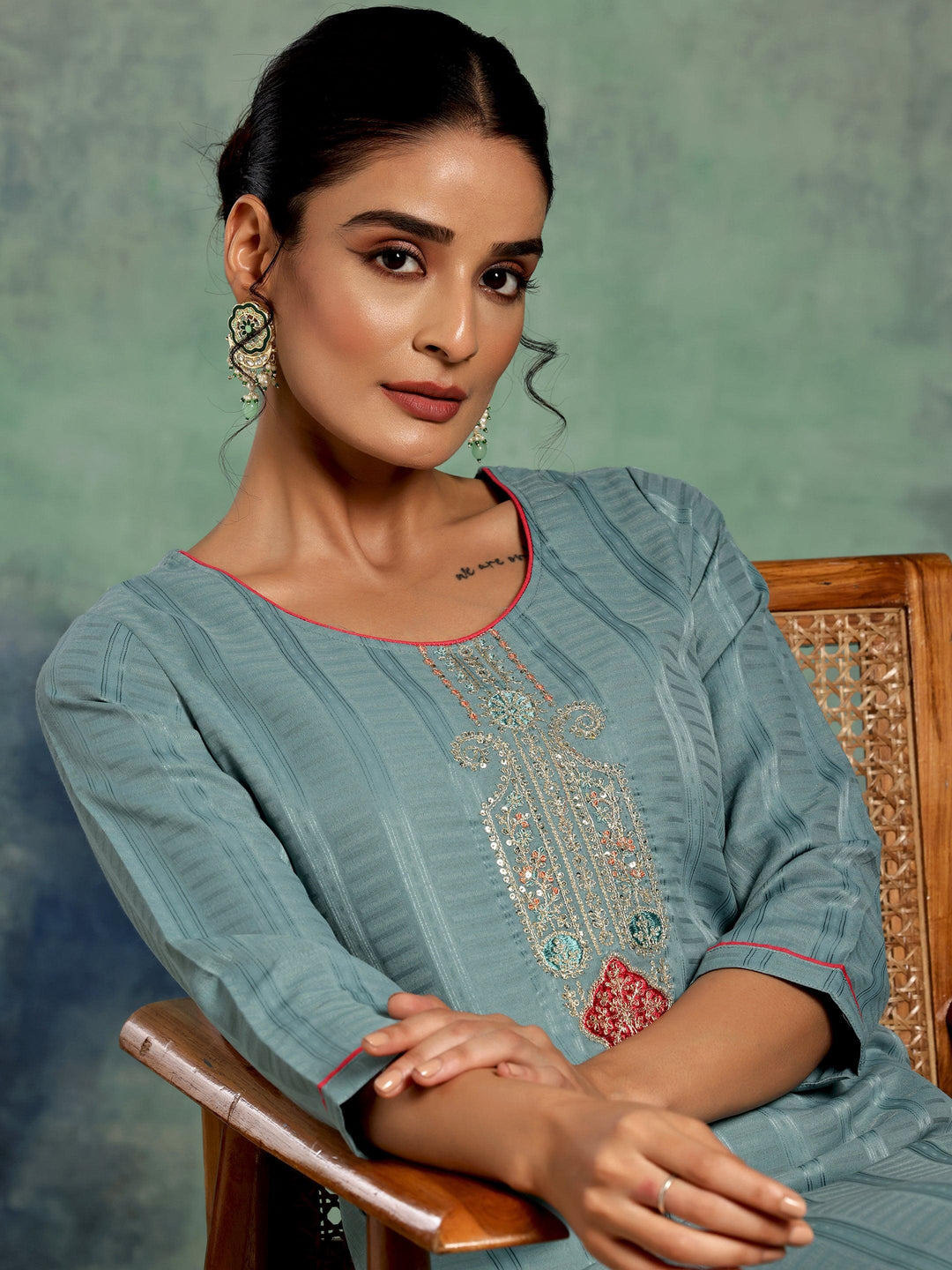 Blue Yoke Design Silk Straight Kurta - Libas 