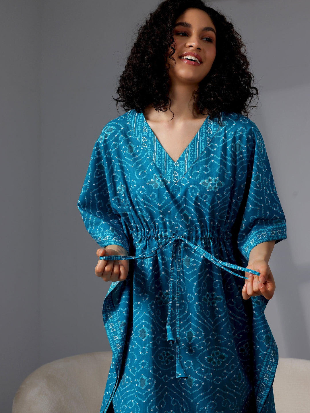 Blue Printed Cotton Kaftan Night Dress - Libas