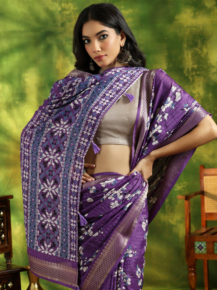 Lavender Printed Silk Blend Saree With Unstitched Blouse Piece - Libas