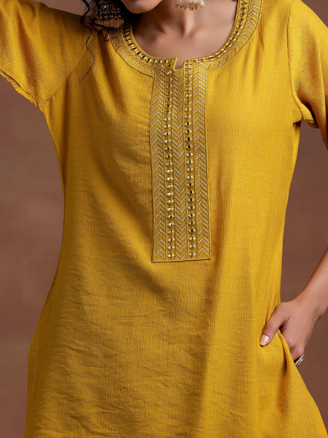 Mustard Self Design Cotton Blend Kurti - Libas 