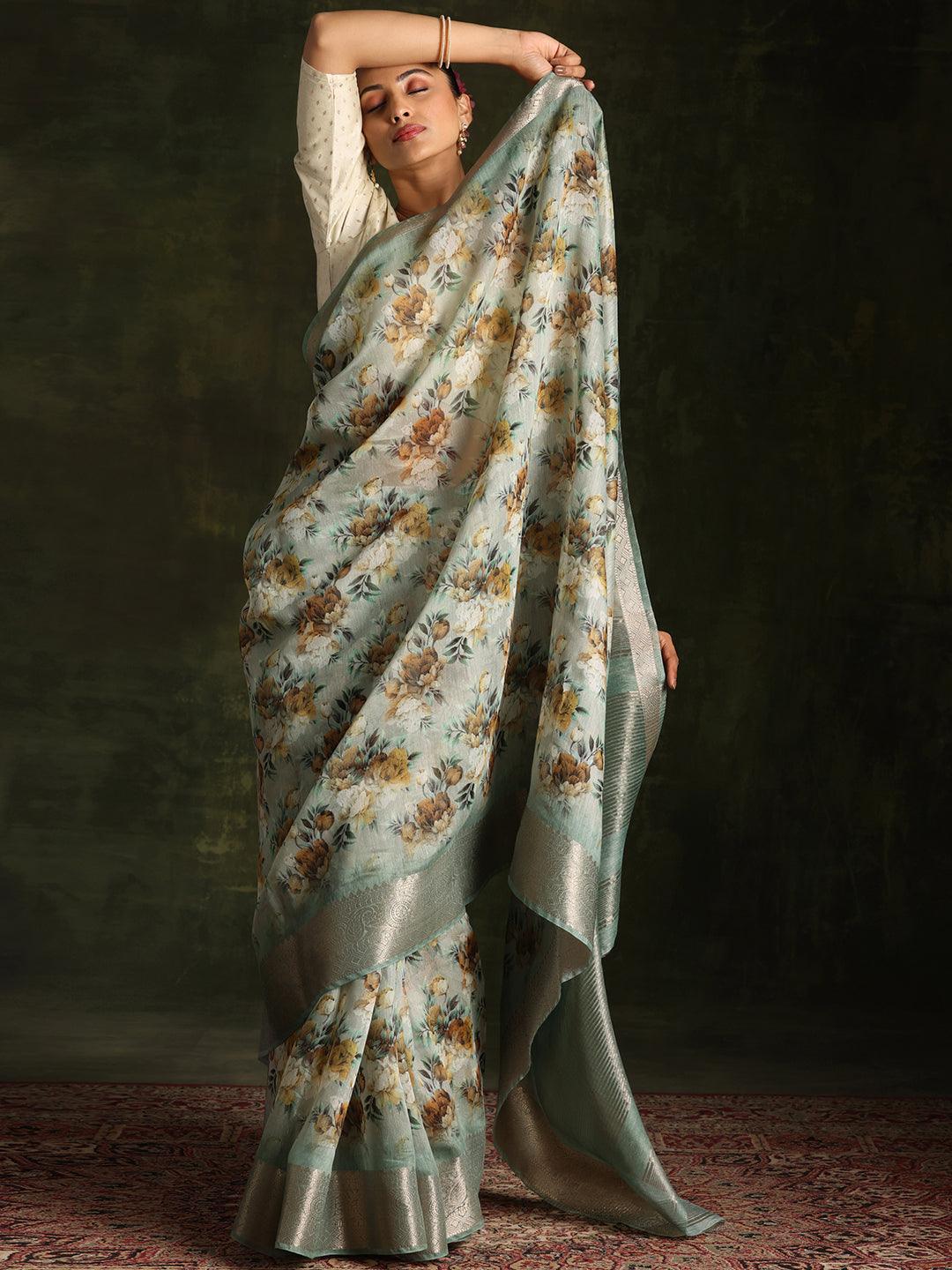 Green Printed Silk Blend Saree With Unstitched Blouse Piece - Libas