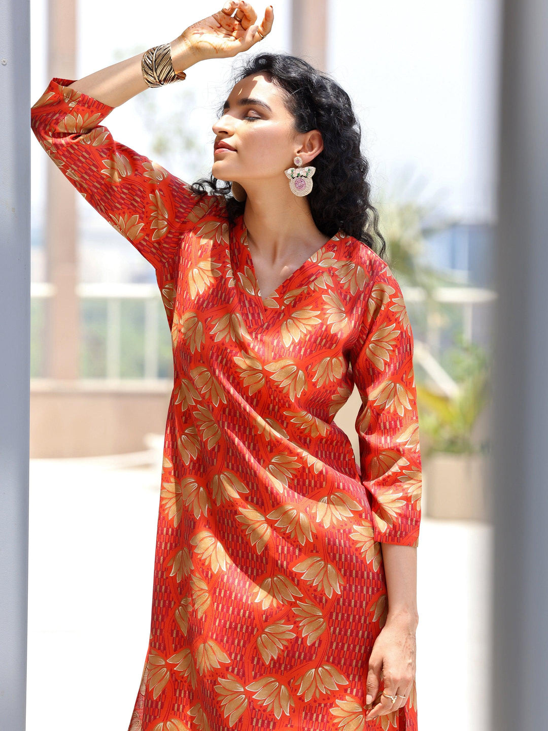 Orange Printed Silk Blend Co-Ords - Libas 