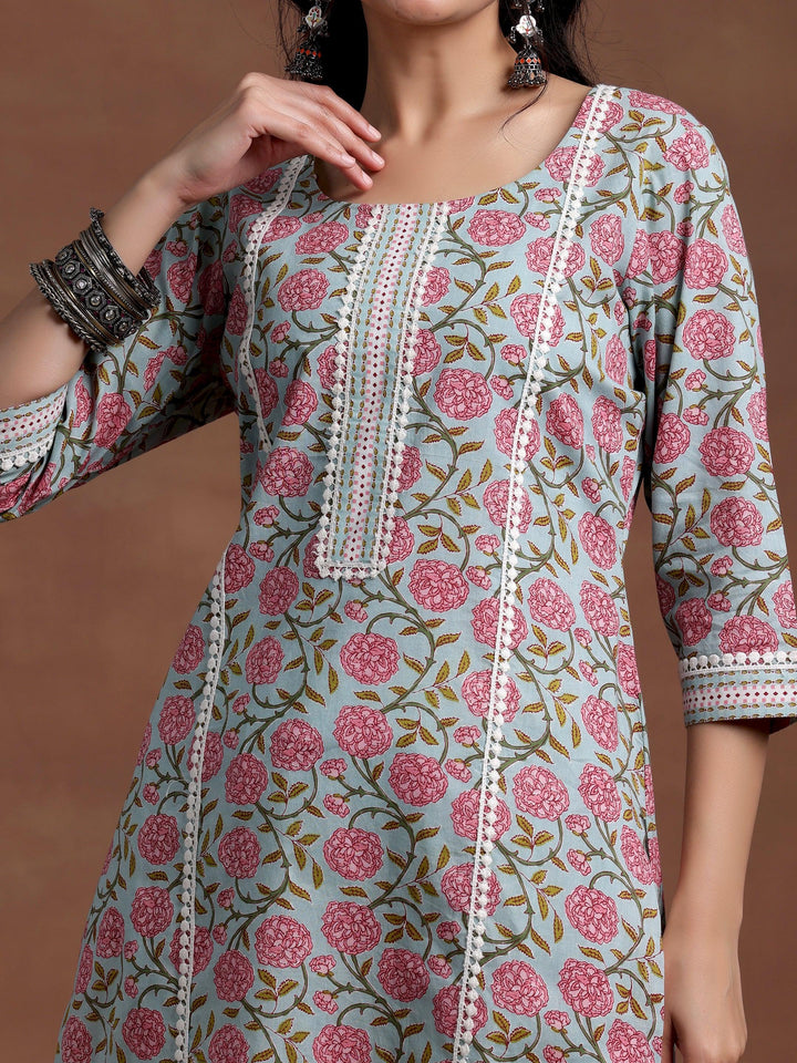 Blue Printed Cotton Straight Kurta - Libas