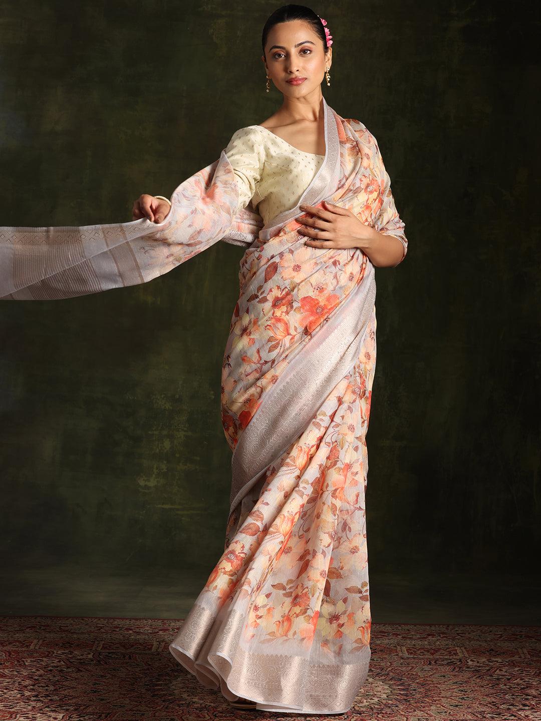 Grey Printed Silk Blend Saree With Unstitched Blouse Piece - Libas