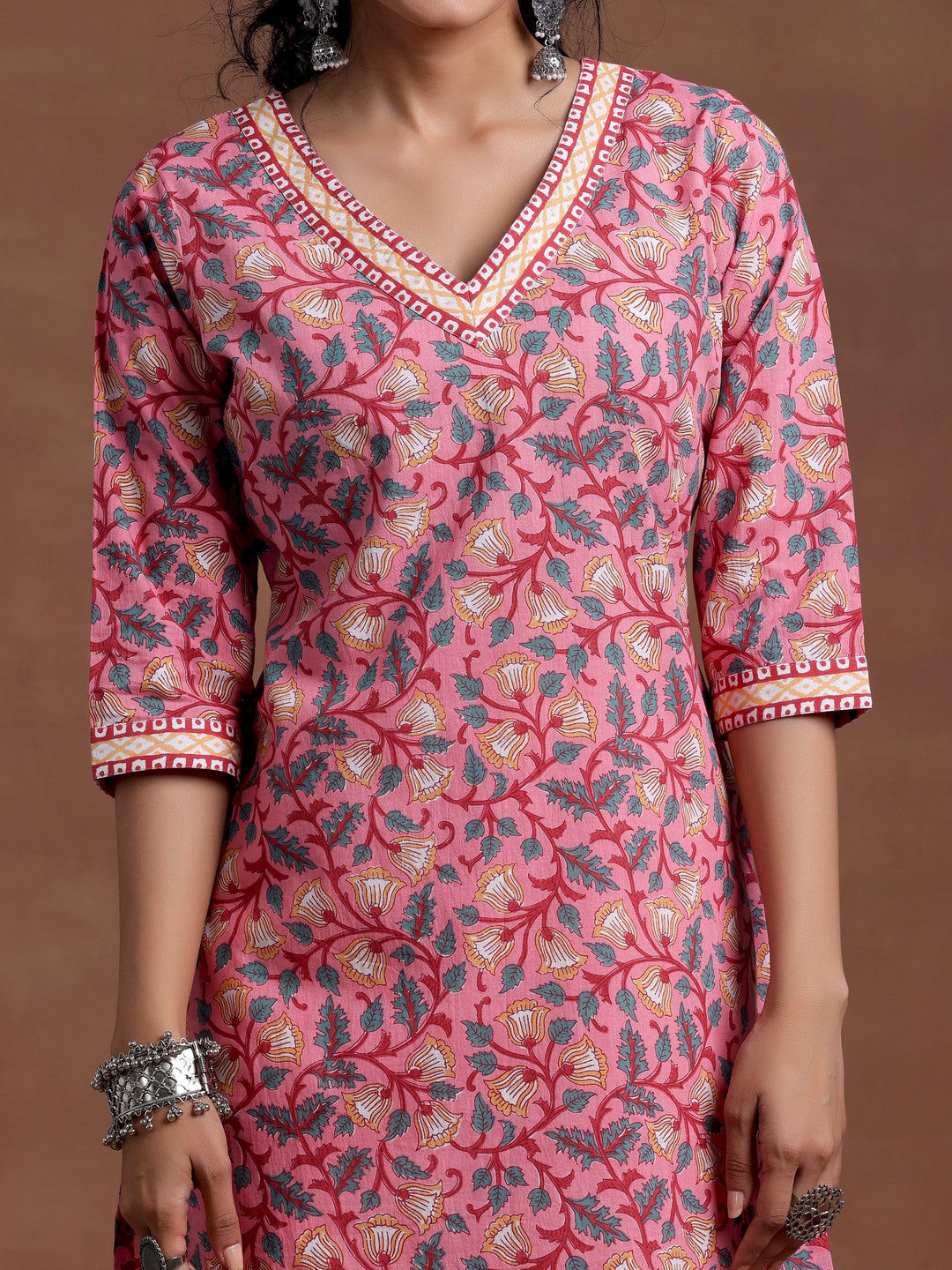 Pink Printed Cotton Straight Suit With Dupatta - Libas 