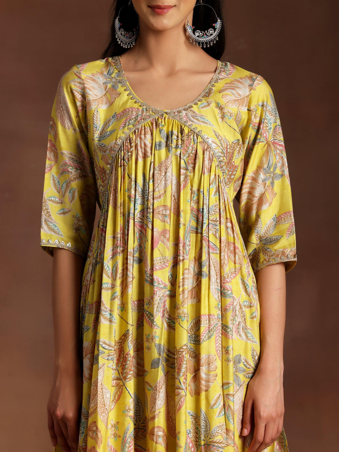 Aashna Mustard Printed Silk Blend A-Line Kurta With Palazzos & Dupatta - Libas 