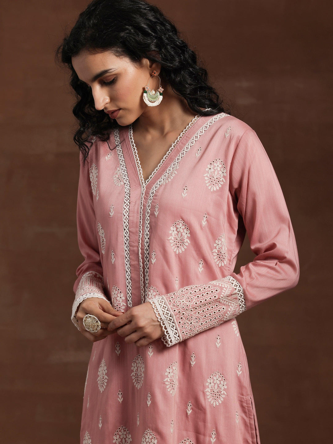 Pink Embroidered Silk Blend Straight Suit With Dupatta - Libas 