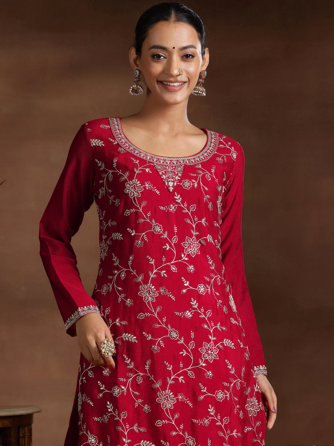  Red Embroidered Silk Blend Straight Suit With Dupatta 