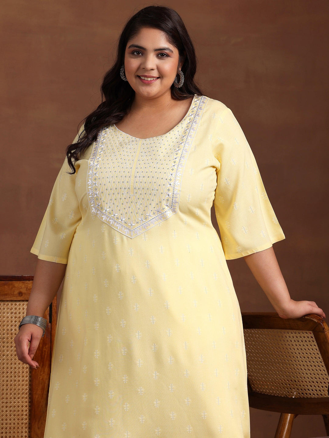 Plus Size Yellow Woven Design Rayon Straight Kurta - Libas