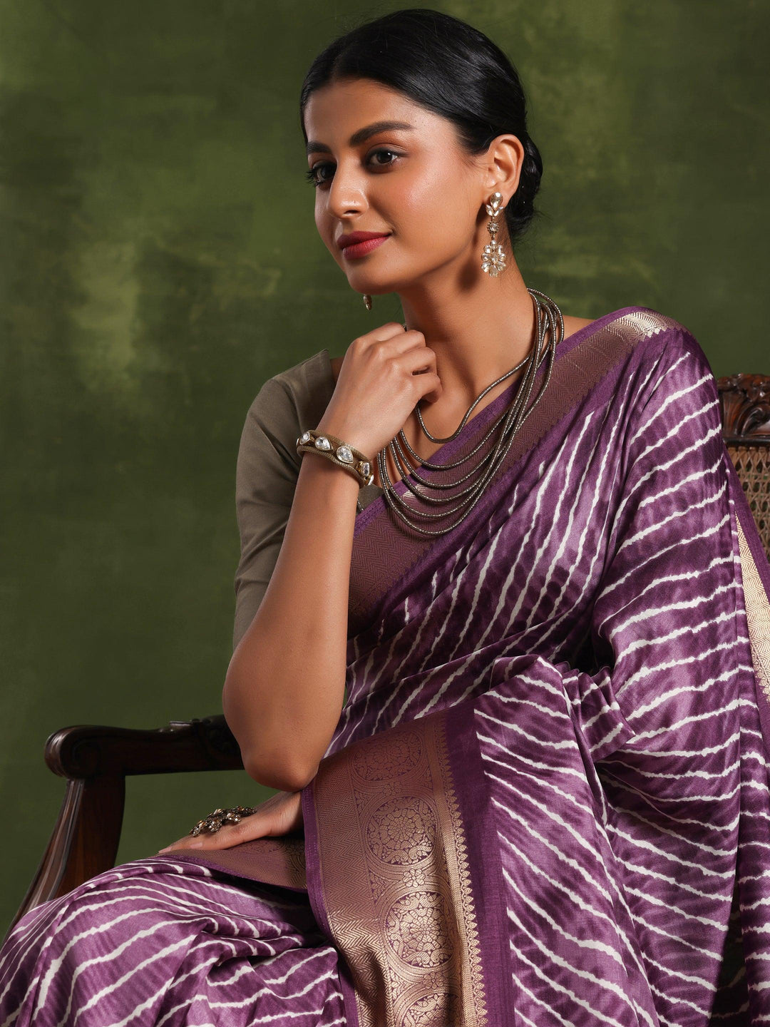 Mauve Printed Silk Blend Saree With Unstitched Blouse Piece - Libas