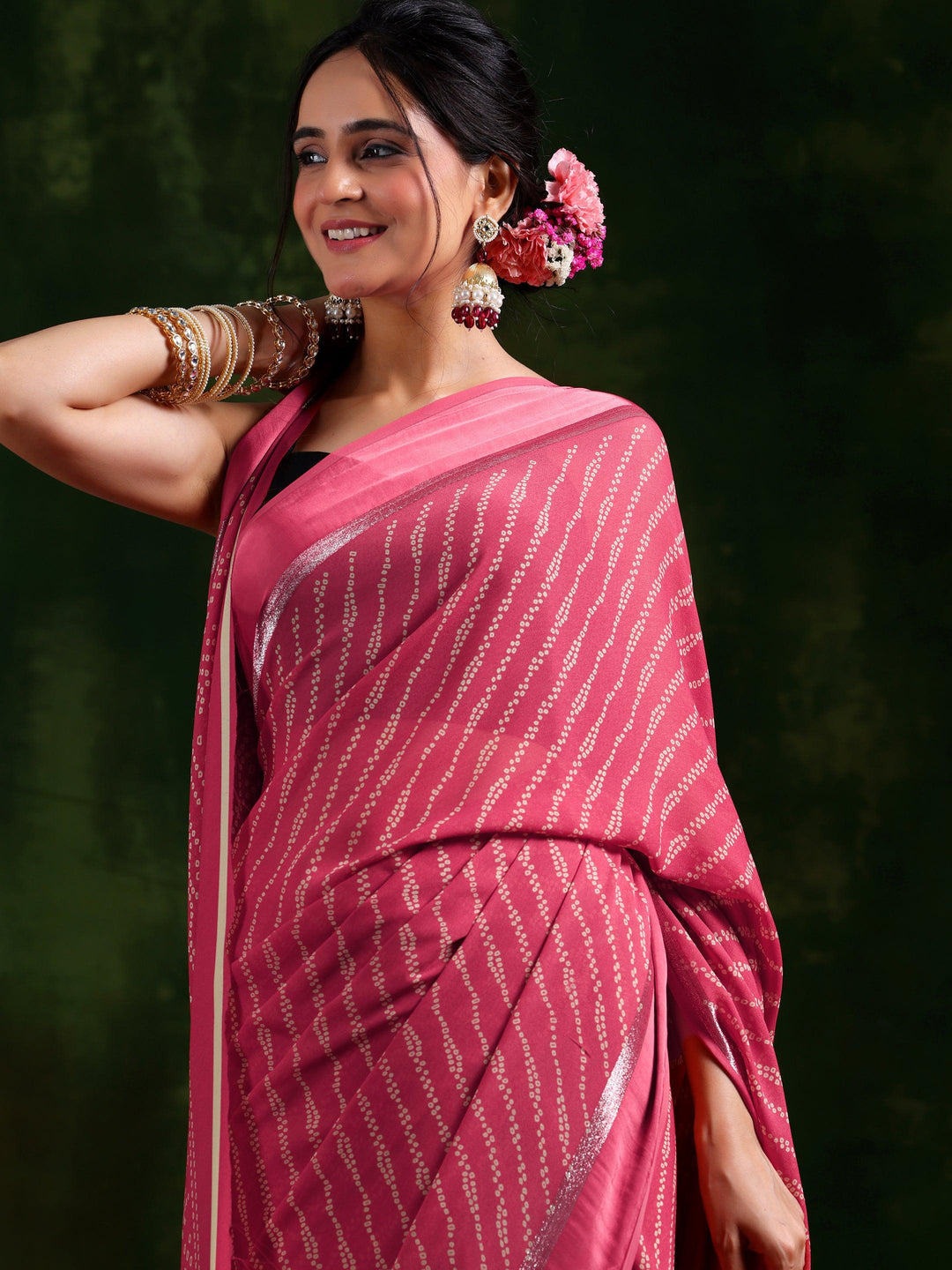 Coral Printed Satin Saree With Unstitched Blouse Piece - Libas