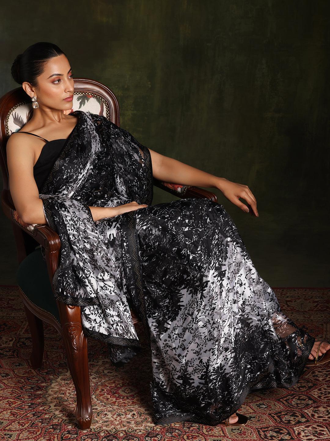 Black Printed Brasso Saree With Unstitched Blouse Piece - Libas