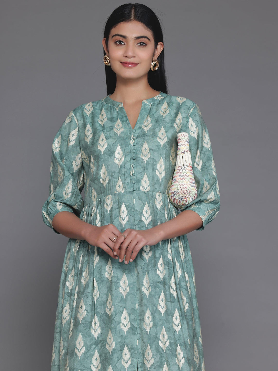 Green Printed Silk Fit and Flare Dress - Libas 