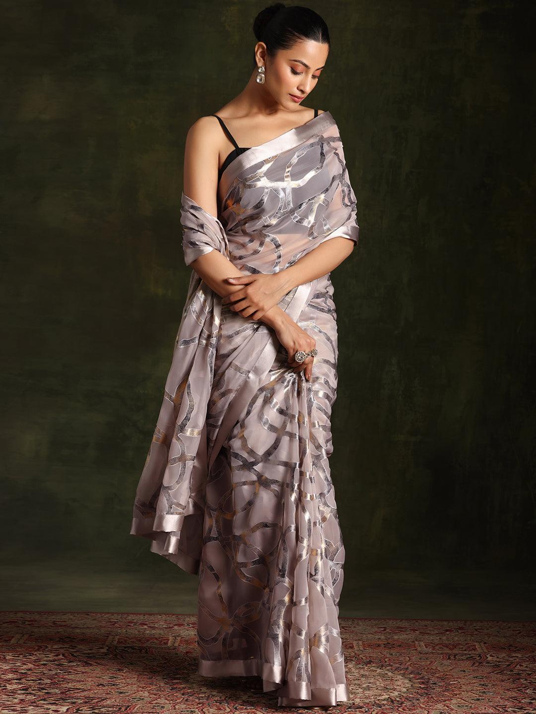 Grey Woven Design Brasso Saree With Unstitched Blouse Piece - Libas 