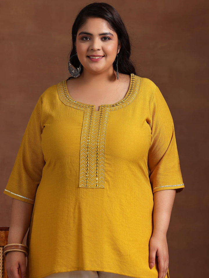 Plus Size Mustard Woven Design Cotton Blend Straight Kurti - Libas