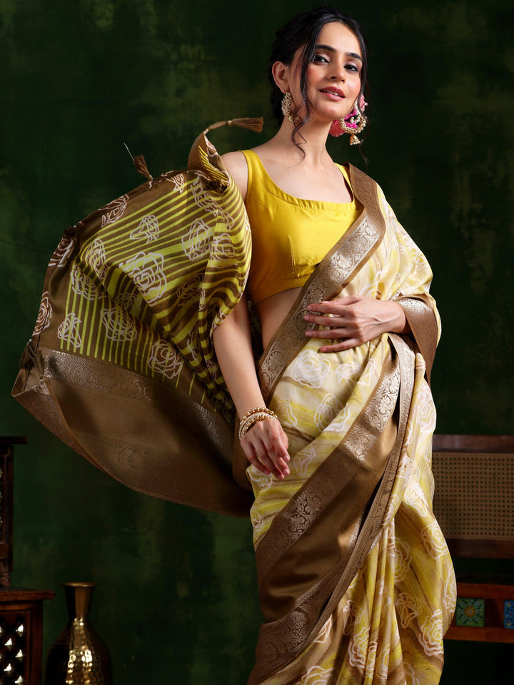 Khaki Brown Printed Silk Blend Saree With Unstitched Blouse Piece - Libas