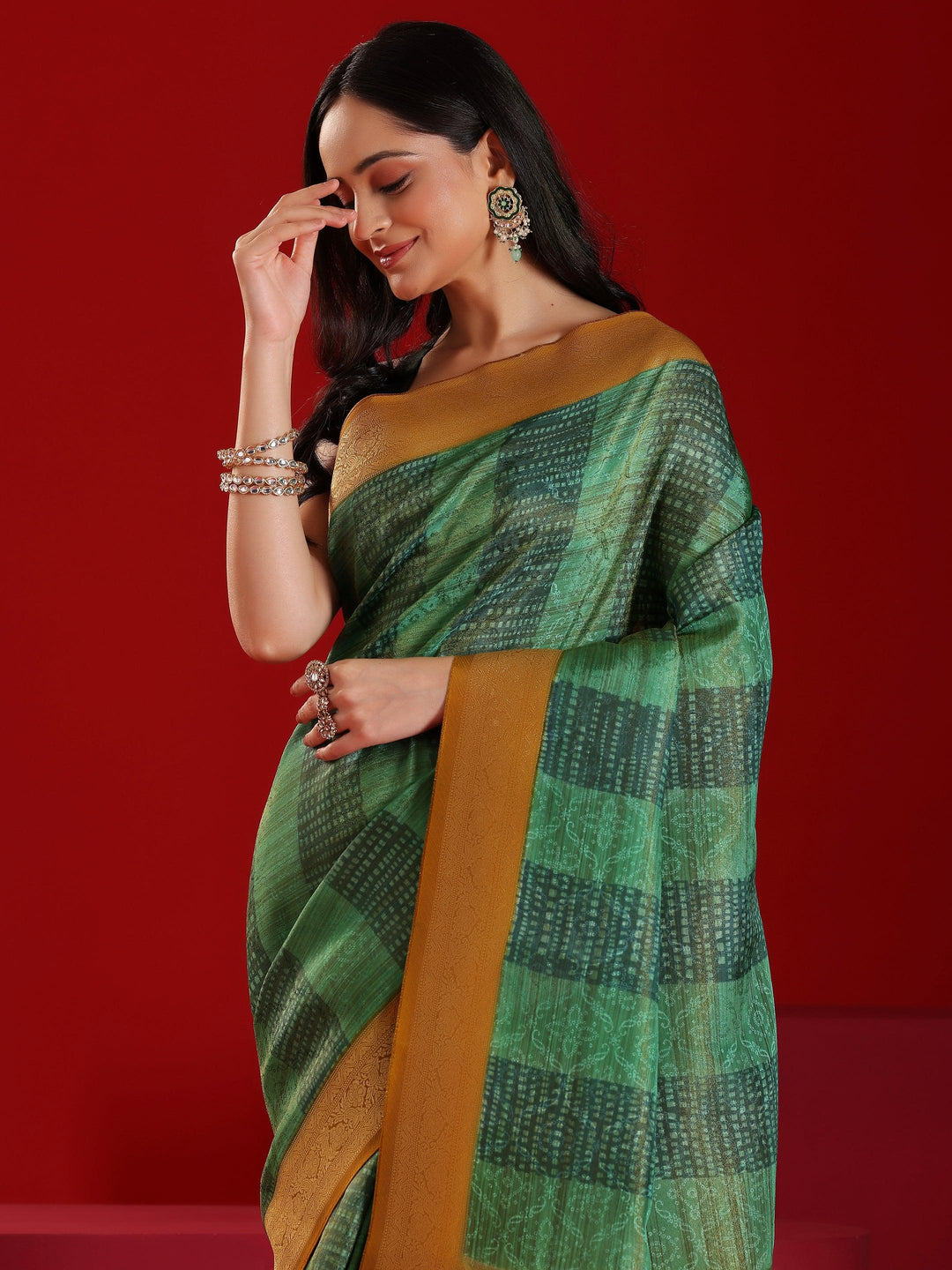 Libas Art Green Woven Design Satin Saree With Unstitched Blouse Piece - Libas