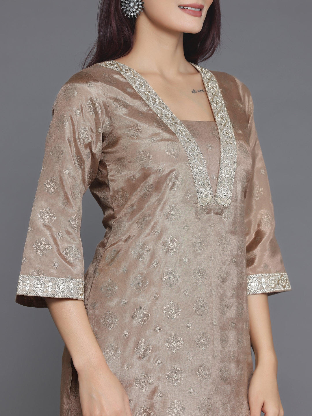 Brown Woven Design Silk Blend Straight Kurta Set - Libas