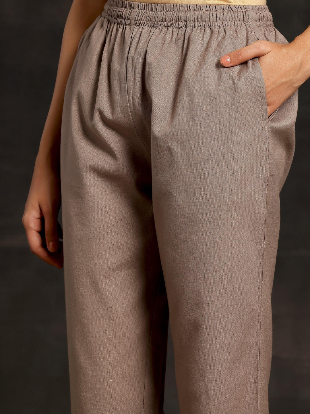 Grey Solid Cotton Straight Fit Trousers - Libas 