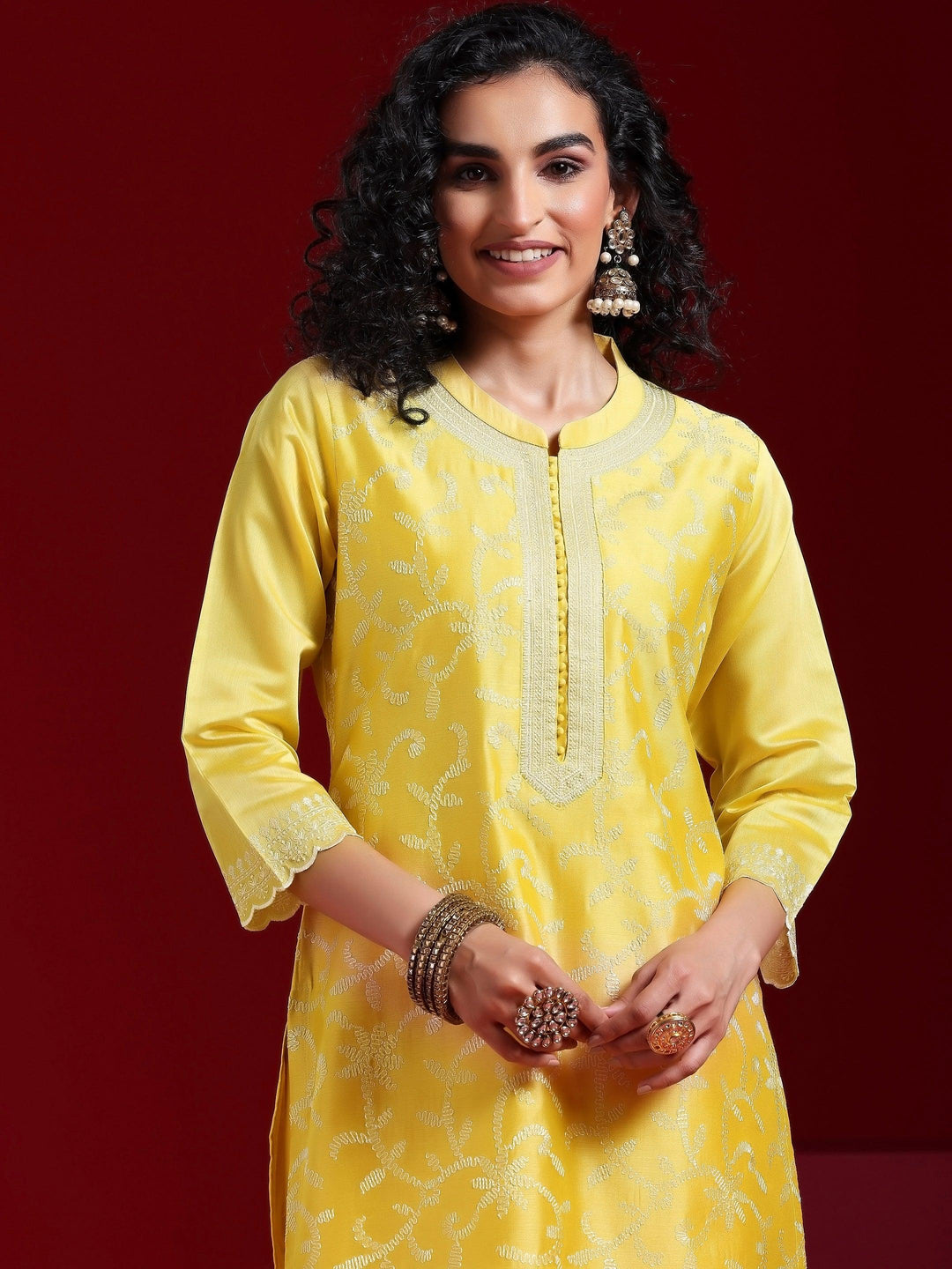 Libas Art Yellow Embroidered Chanderi Silk Straight Suit With Dupatta - Libas 